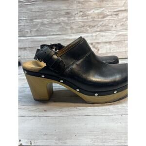 Clarks Artisian Black Leather Studded Clog Mule Shoe Block Heel Size 8.5